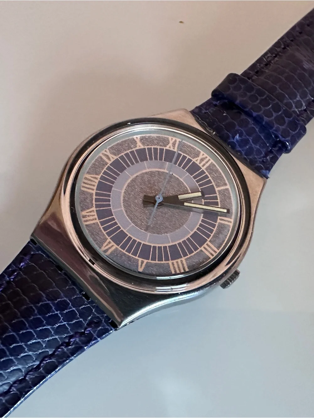 Swatch GX123 Alexander Steel Case Metallic Dial Embossed Purple Leather Strap